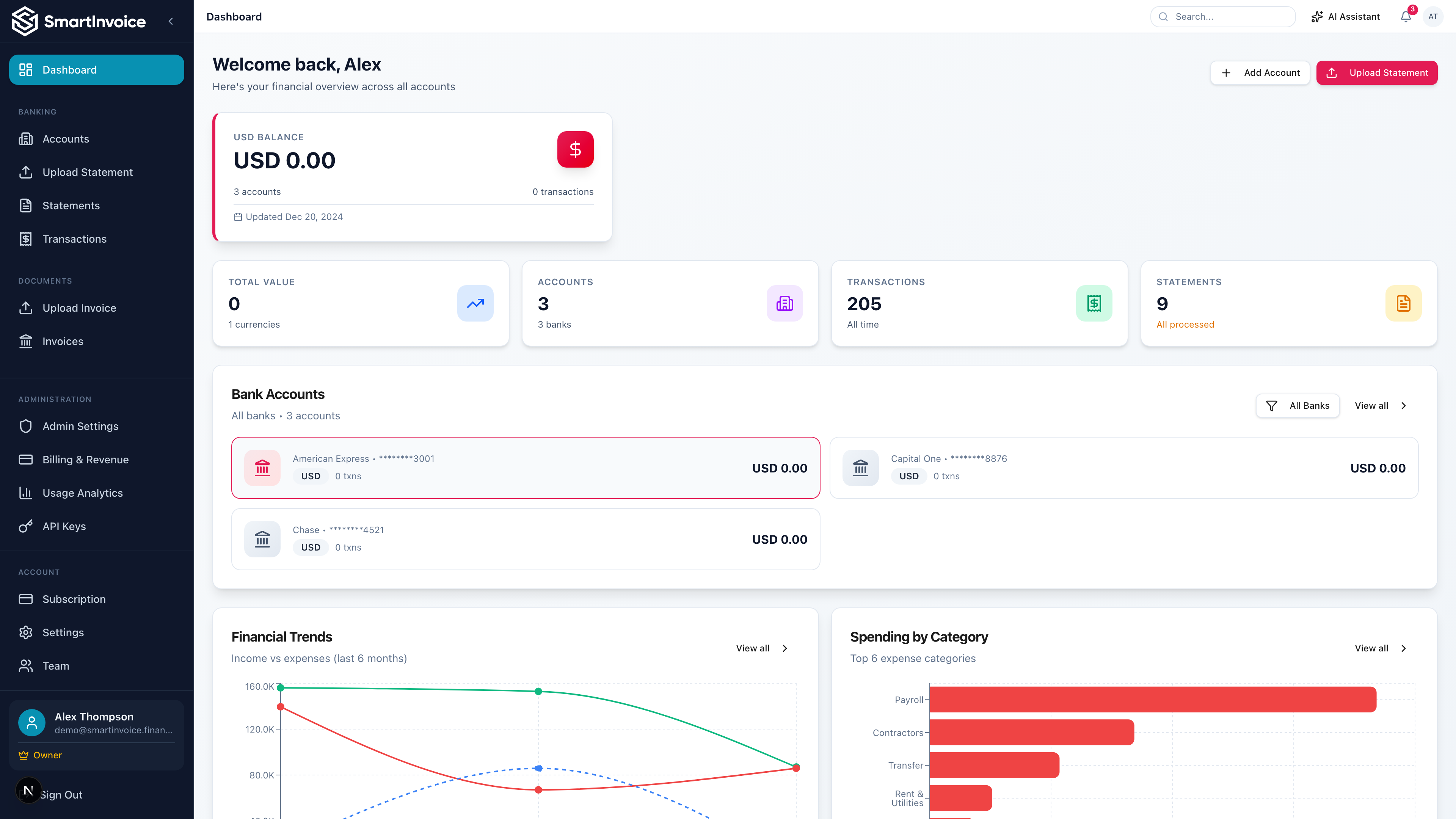 Dashboard showing extracted bank statement data